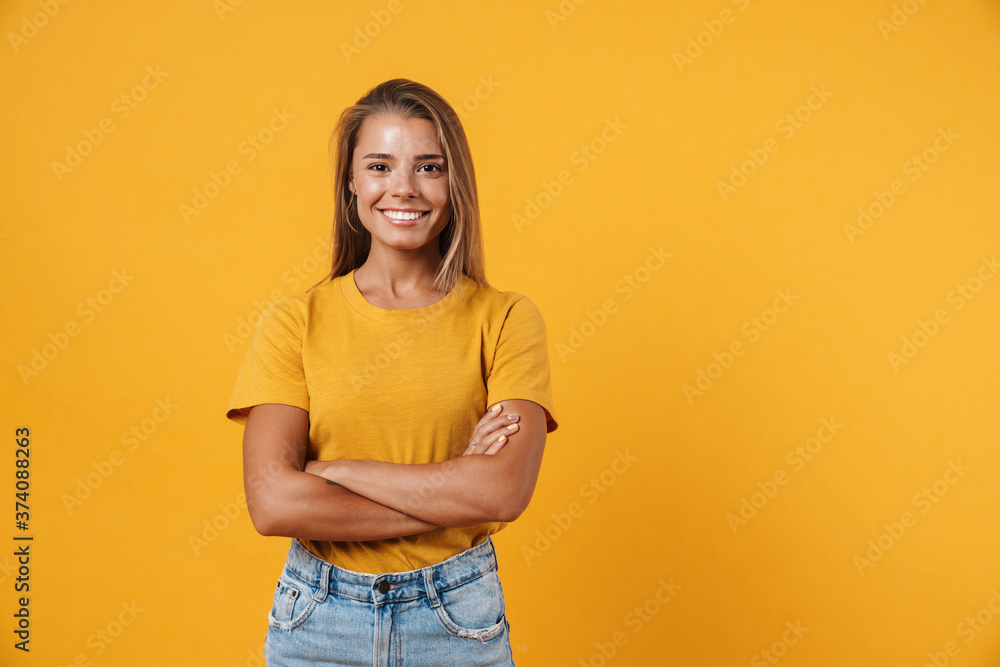 Image of blonde joyful woman posing with arms crossed Image of blonde joyful woman posing with arms crossed