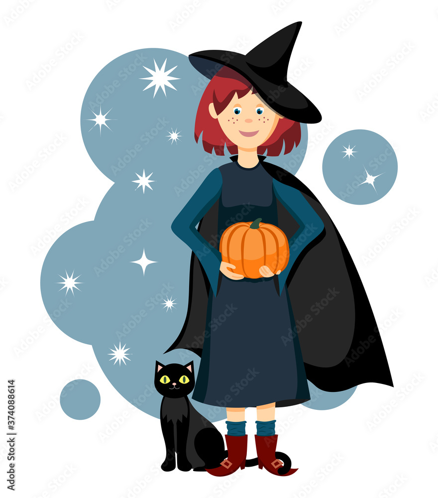 A young funny witch in a pointed hat holds a pumpkin with a black cat at her feet on a blue starry background. Character design. Flat vector illustration.