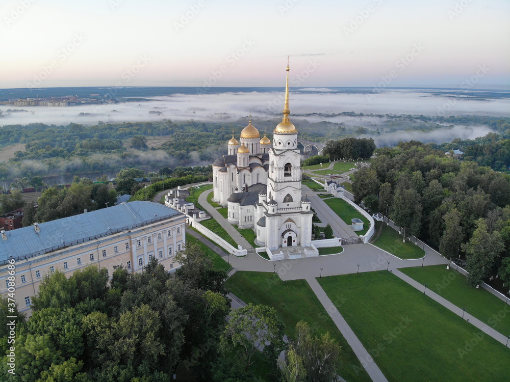 Dawn photo of the assumption Cathedral in Vladimir. Russia. UNESCO world heritage site. Photographed from the air.
