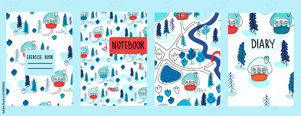 Set of cover page vector templates based on seamless patterns with winter landscapes, cottages, fir trees and skis in the snow. Perfect for exercise books, notebooks, diaries, presentations Set of cover page vector templates based on seamless patterns with winter landscapes, cottages, fir trees and skis in the snow. Perfect for exercise books, notebooks, diaries, presentations