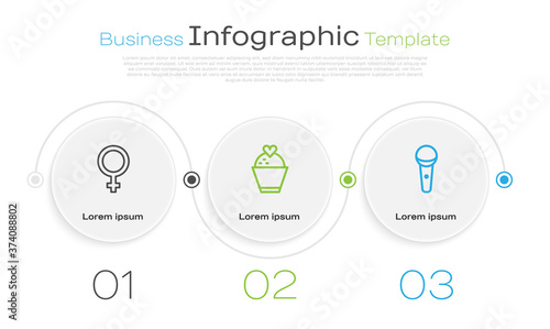 Set line Female gender symbol, Wedding cake with heart and Microphone. Business infographic template. Vector.