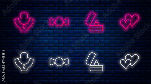Set line Bow tie, Wedding rings, Necklace on mannequin and Heart. Glowing neon icon on brick wall. Vector.