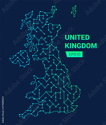 Abstract digital map of United Kingdom. Electric circuit of the country. Technology background. 