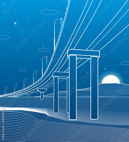 Outline road bridge. Car overpass. Infrastructure illustration. Vector design art. White lines on blue background.