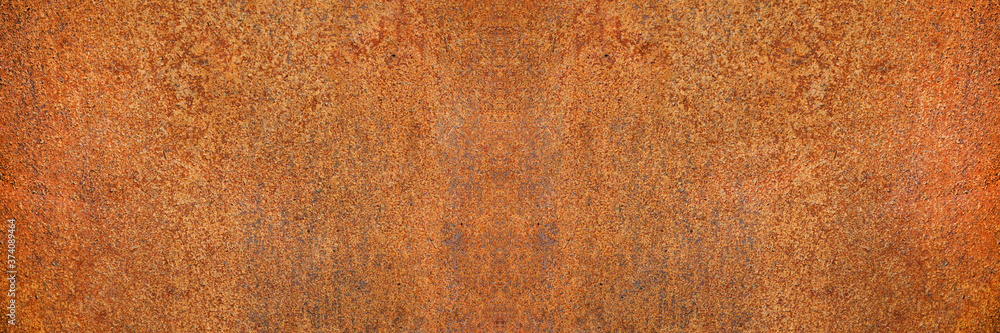Rust background. Rusty texture. Old metal wall surface. Orange brown grunge background. Wide grunge banner with copy space.