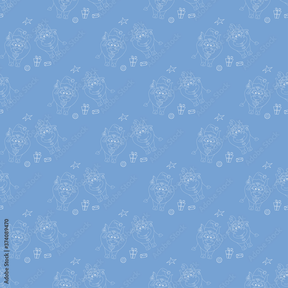 New year seamless pattern. pattern with the symbol of 2021 - a cute bull in New Years clothes and a cow. Drawing White line on a blue background. For festive design and decoration, packaging. Vector New year seamless pattern. pattern with the symbol of 2021 - a cute bull in New Years clothes and a cow. Drawing White line on a blue background. For festive design and decoration, packaging. Vector
