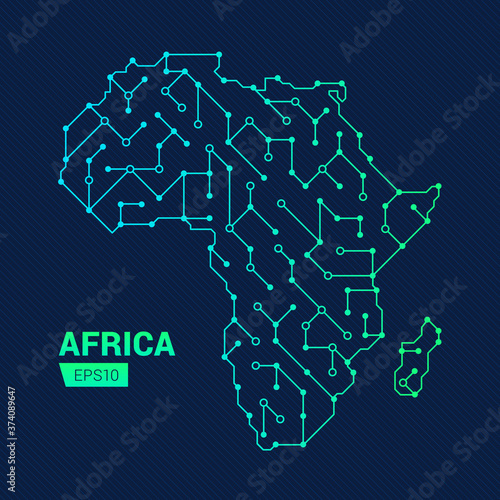 Abstract futuristic map of Africa. Electric circuit of the continent. Technology background.