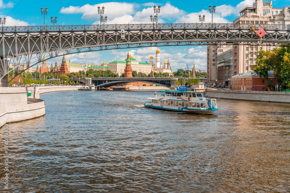 Summer view of the Moscow Kremlin, the Big Stone bridge from the Patriarchal Bridge. Moscow, Russia