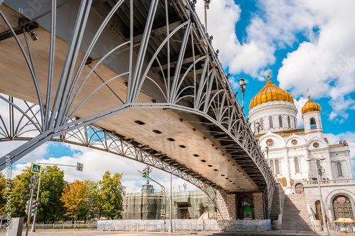 Panoramic view of the Cathedral of Christ the Saviour with the bridge in Moscow, Russia