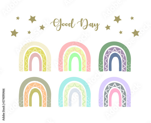 Scandinavian Cute colorful vector pastel boho rainbow set isolated on white background Nursery childish baby shower party room wall decoration print vector illustration. 