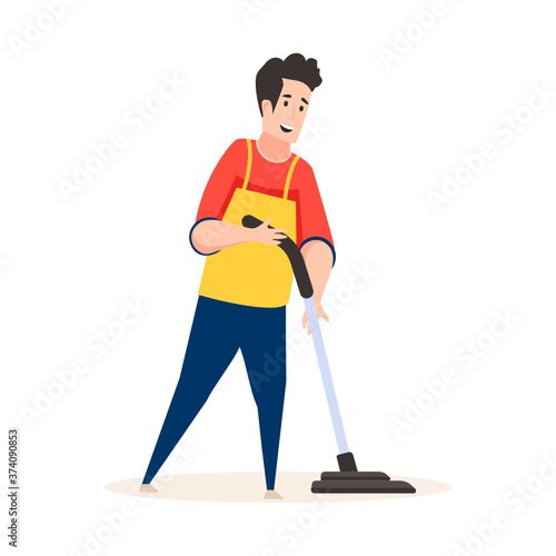 
Man holding mop, sweeper illustration in flat style 
