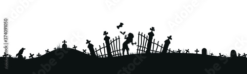 Black silhouette of cemetery elements with gravestones and crosses. Cemetery panorama. Vector illustration. EPS10