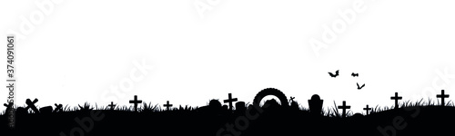 Black silhouette of cemetery elements with gravestones and crosses. Cemetery panorama. Vector illustration. EPS10