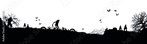 Black silhouette of cemetery elements with gravestones and crosses. Cemetery panorama. Vector illustration. EPS10
