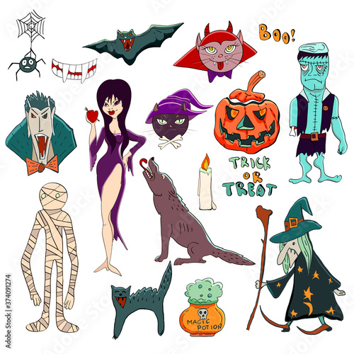 Vector Halloween set. Halloween characters such as vampire Dracula, old witch, pumpkin Jack o lantern, werewolf, Elvira mistress of the dark, mummy, Frankenstein, black cat, bat, spider. photo