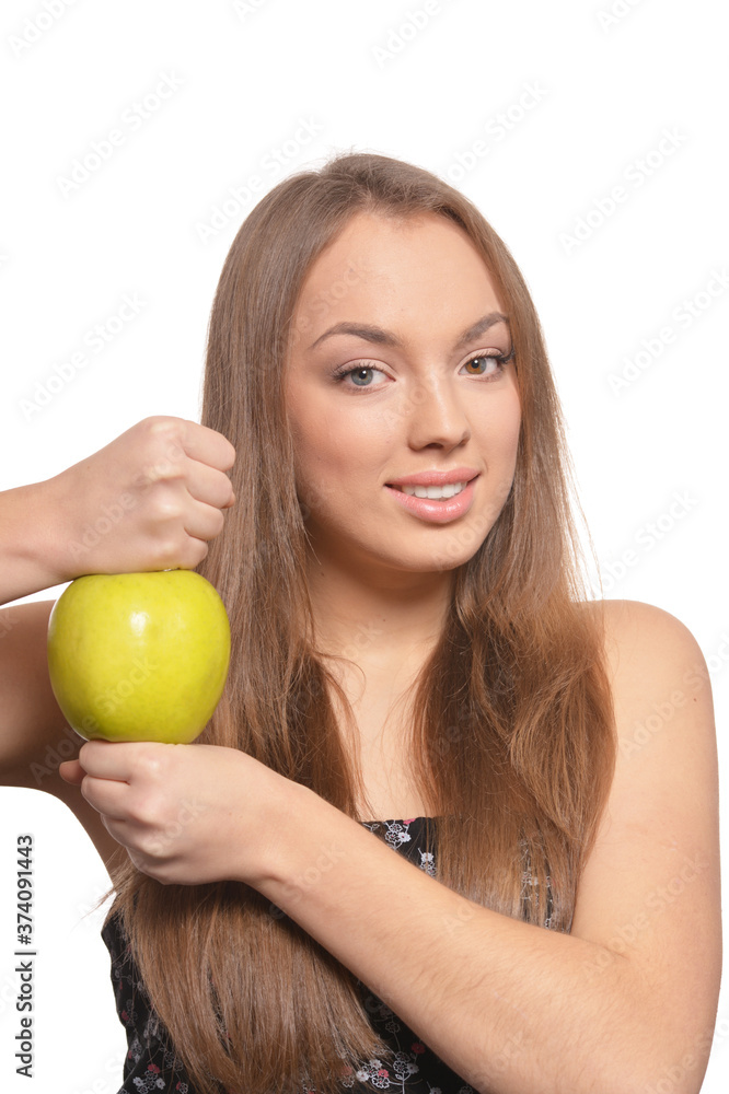 Close up portrait of beautiful young woman with green apple Close up portrait of beautiful young woman with green apple