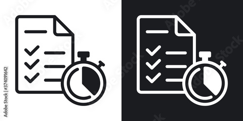 Schedule, scheduler or planner icon. To-do list or checklist and stopwatch. Simple two-tone vector illustration on black and white background