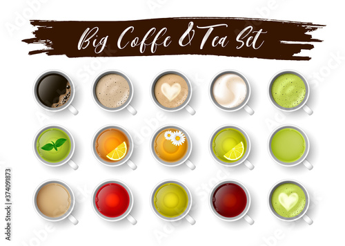 Realistic vector 3d cup of hot beverage set. 3d green, black lemon tea , mint, herbal chamomile tea, Masala tea, rooibos, matcha and coffee assortment cappuccino, latte, espresso, americano top view