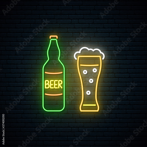 Neon beer sign. Nightly bright beer bar emblem. Glowing beer bottle and glass on brick wall background. Vector illustration.