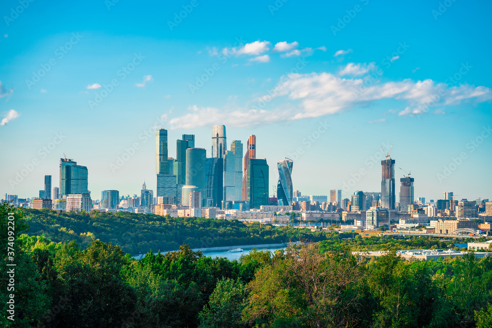 Obraz premium city, russia, architecture, moscow, building, cityscape, hill, landscape, view, sky, river, skyscraper, sparrow, travel, panorama, urban, russian, landmark, outdoor, tree, tower, green, summer, sparro