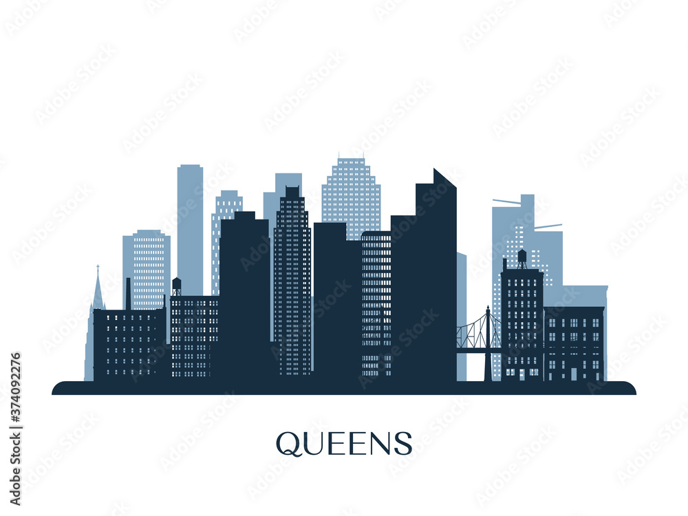 Queens skyline, monochrome silhouette. Vector illustration.