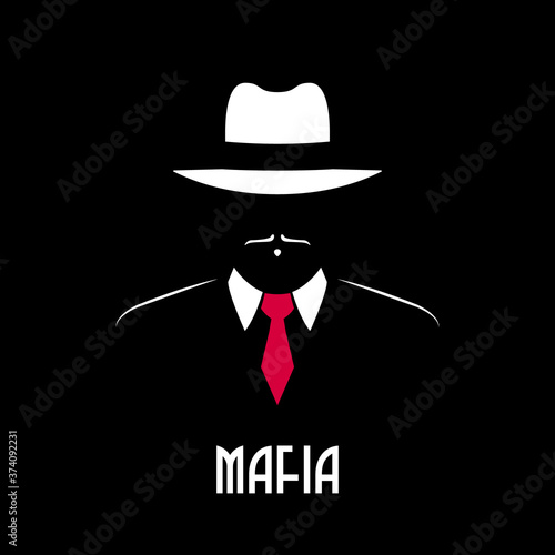 Mafia man silhouette. Vector emblem for male store, a barber shop, gentleman club. Gangster in hat and red tie. Stock illustration.
