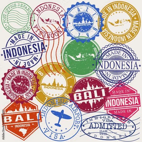 Bali Indonesia Set of Stamps. Travel Stamp. Made In Product. Design Seals Old Style Insignia.
