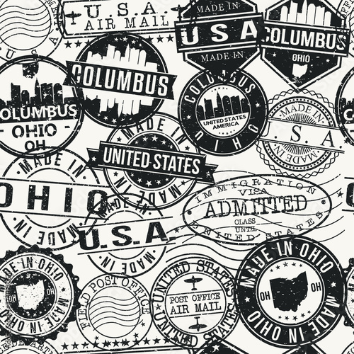 Columbus, OH, USA Stamps Background. A City Stamp Vector Art. Set of Postal Passport Travel. Design Set Pattern.