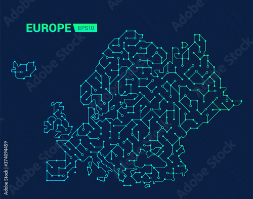 Abstract futuristic map of Europe. Electric circuit of the region. Technology background.