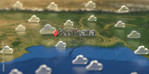 Kolkata city and cloudy weather icon on the map, weather forecast related 3D rendering