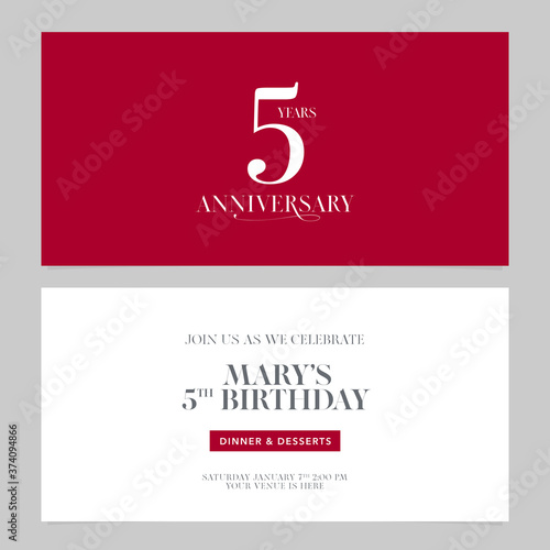 5 years anniversary invitation vector illustration. Graphic design double-sided template