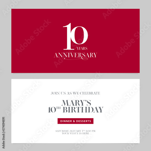 10 years anniversary invitation vector illustration. Graphic design double-sided template