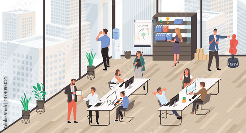 Office life. Group of office workers at working place and communicating to each other. Office interior. Flat cartoon style vector illustration.