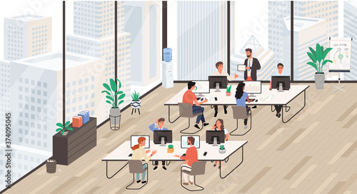 Group of office workers at working place, working on the computer and talking to each other. Office life. Flat cartoon style vector illustration.