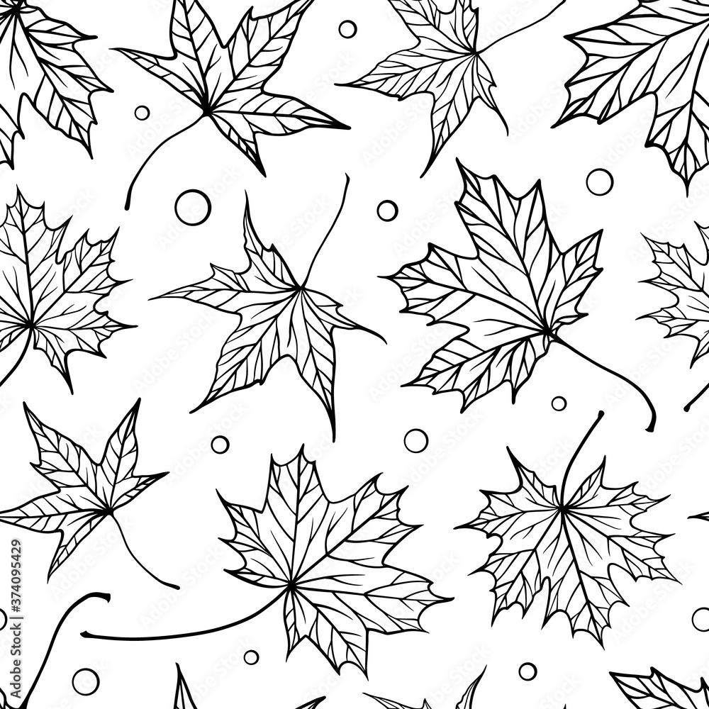 Black and white maple leaves vector seamless pattern