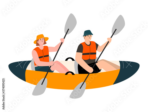 Flat vector illustration of a double sit on top canoe or kayak with a happy couple wearing life jacket. Family team fun activity on water, sea or river. Cartoon isolated design of inflatable boat.