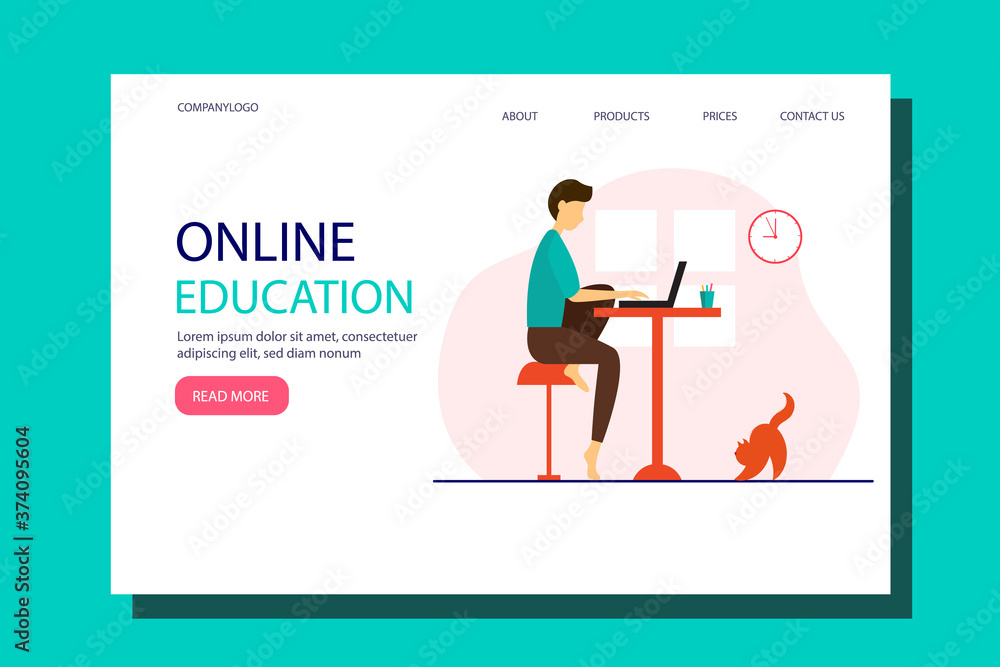 Young man working with a laptop from home. E-learning, online learning at home. illustration for web banner, printing, infographics. Young man working with a laptop from home. E-learning, online learning at home. illustration for web banner, printing, infographics.