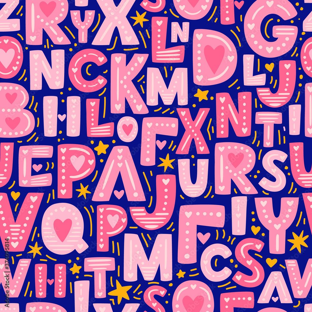 Fototapeta premium Seamless cute vector pattern with love English alphabet lettering hand drawn with heart and stars elements decor. Pink colour type. Cartoon doodle typography. Romantic alphabet design with background.