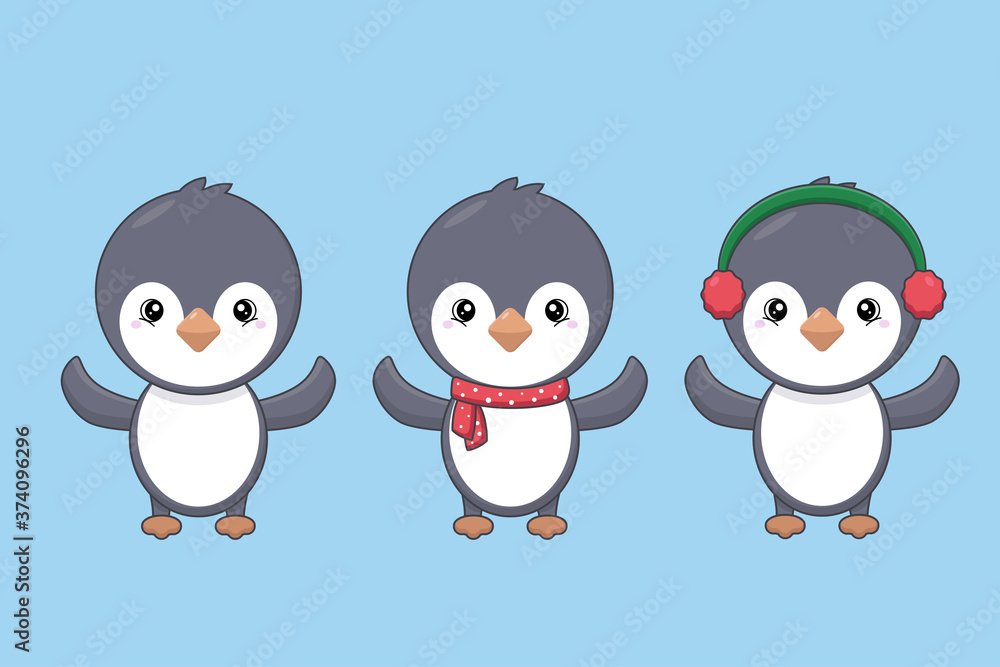 Fototapeta premium Set of hand-drawn vector penguins. Winter penguins with scarf and earmuffs.