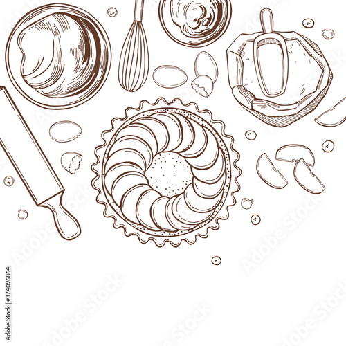 Hand drawn kitchenware  for baking pies. Vector background.