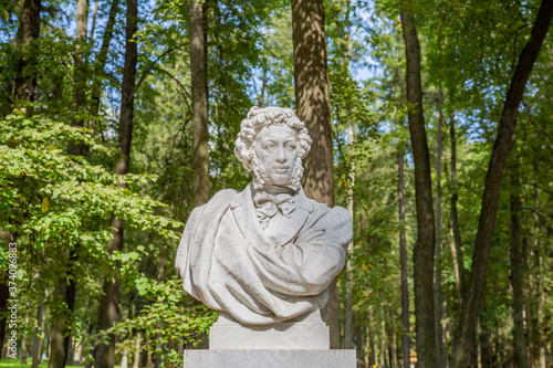 White monument to the world famous great russian poet Alexander Pushkin. The territory of the park of the museum-estate Arkhangelskoye. Krasnogorsk, Russia
