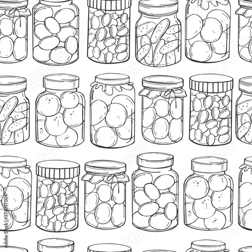 Hand drawn jars of pickles and  jam on white background. Vector  seamless pattern.