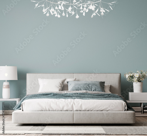 Luxury bright bedroom design, modern white bed and elegant home accessories on pastel blue wall background, 3d render photo