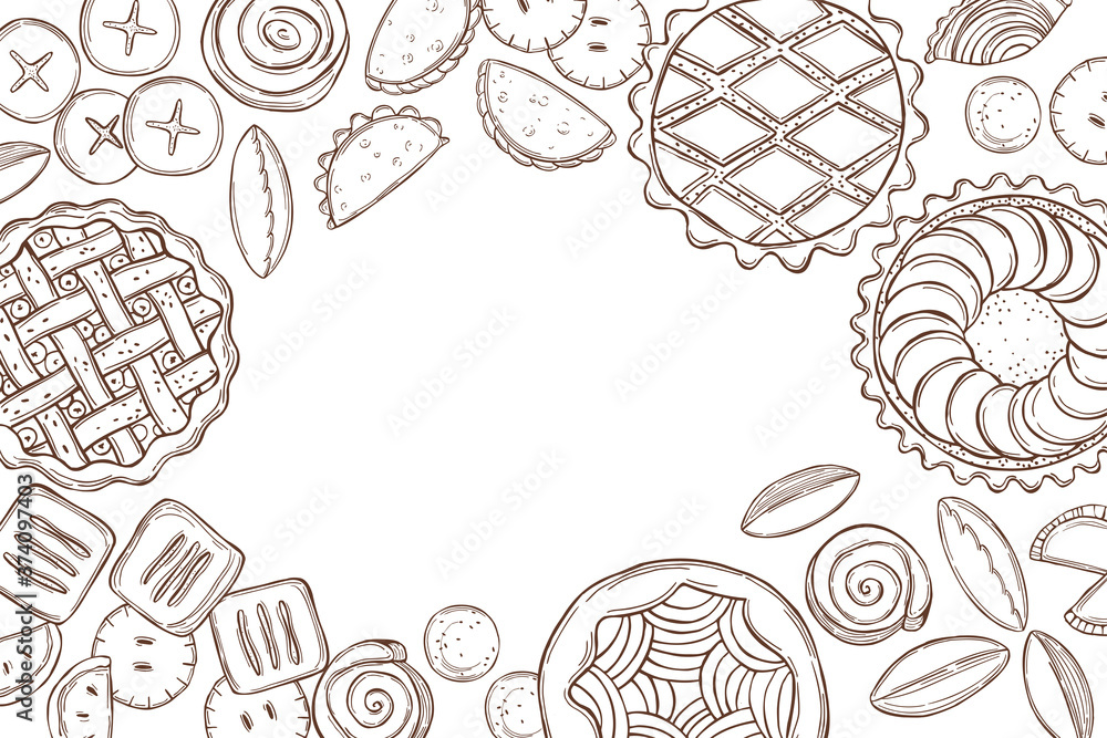 Vector background with hand drawn homemade pies. Sketch illustration. Vector background with hand drawn homemade pies. Sketch illustration.