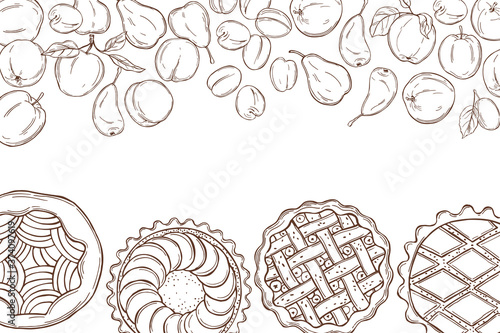 Hand drawn homemade pies with fruits  on white background.  Vector background.