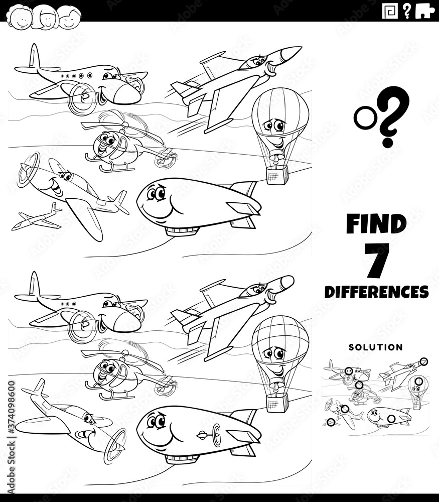 Obraz premium differences educational game with planes coloring book page