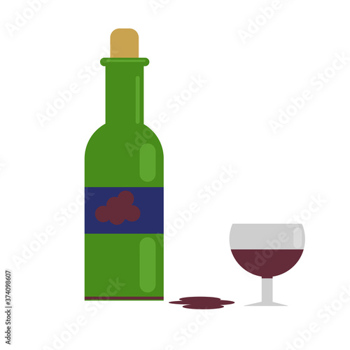 a wine and a green bottle. with grape wine. vector illustration in flat style