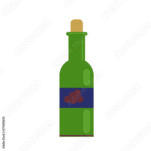 a glass of wine and a green bottle. with grape wine. vector illustration in flat style