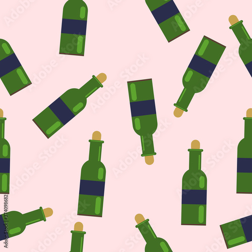 seamless pattern from green bottles. with grape wine. vector illustration in flat style