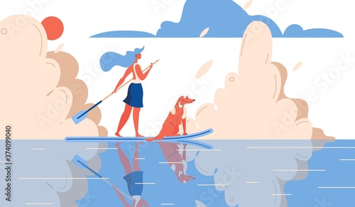Girl and dog riding on water with a sup surfing board, vector. Sport illustration concept in orange and blue sea, lake, sky. Togetherness outdoor scene about friendship with pet